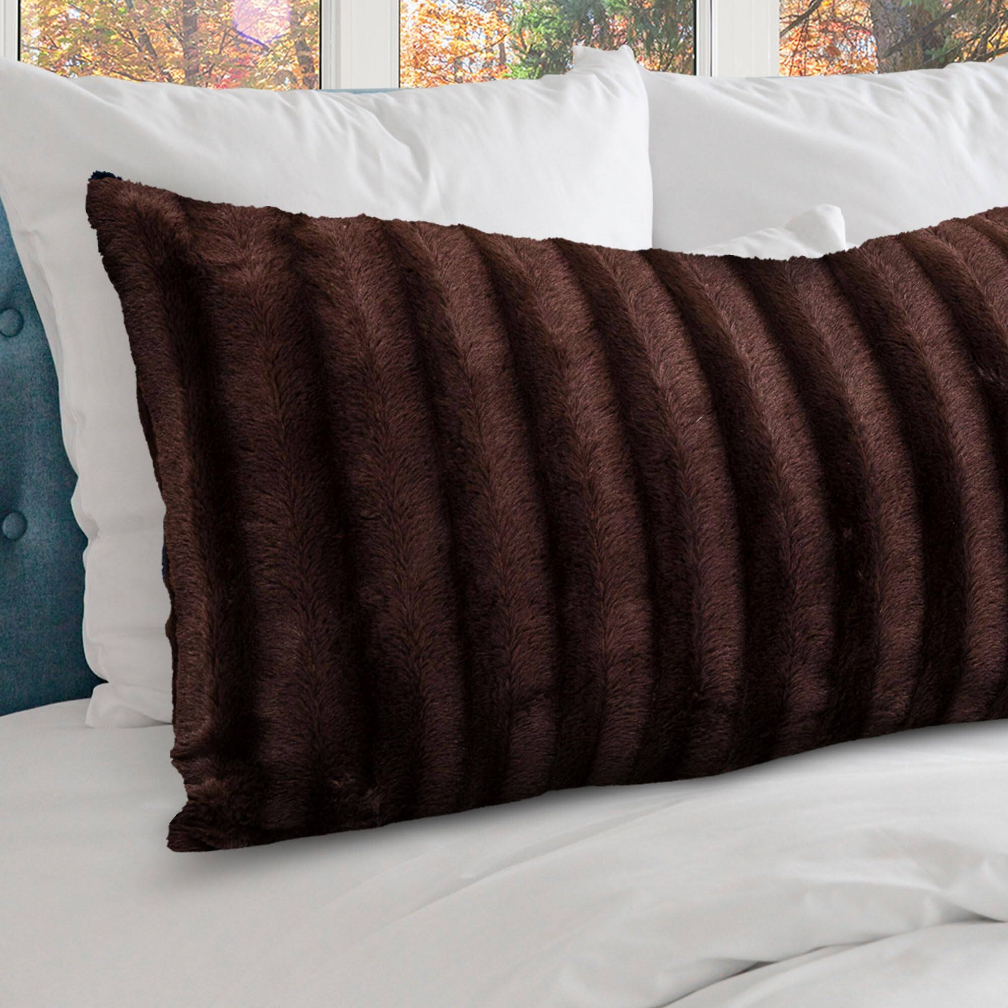 Left. Cheer Collection - Faux Fur Long Body Pillow with Insert - Decorative Lumbar Accent Pillow for Bed or Couch, 18 x 40 in - Chocolate.