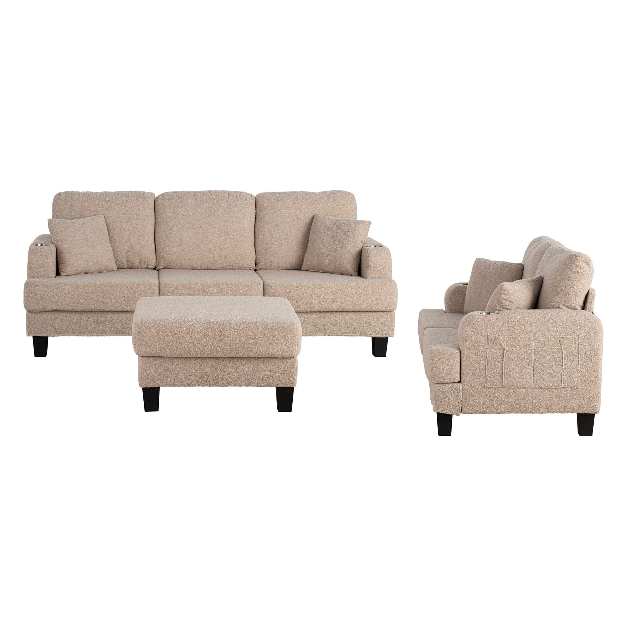 Boyel Living - 84.64 in. Wide Straight Arm 3-Seat Fabric Sectional Sofa with Ottoman, USB Port and Cup Holder - Beige