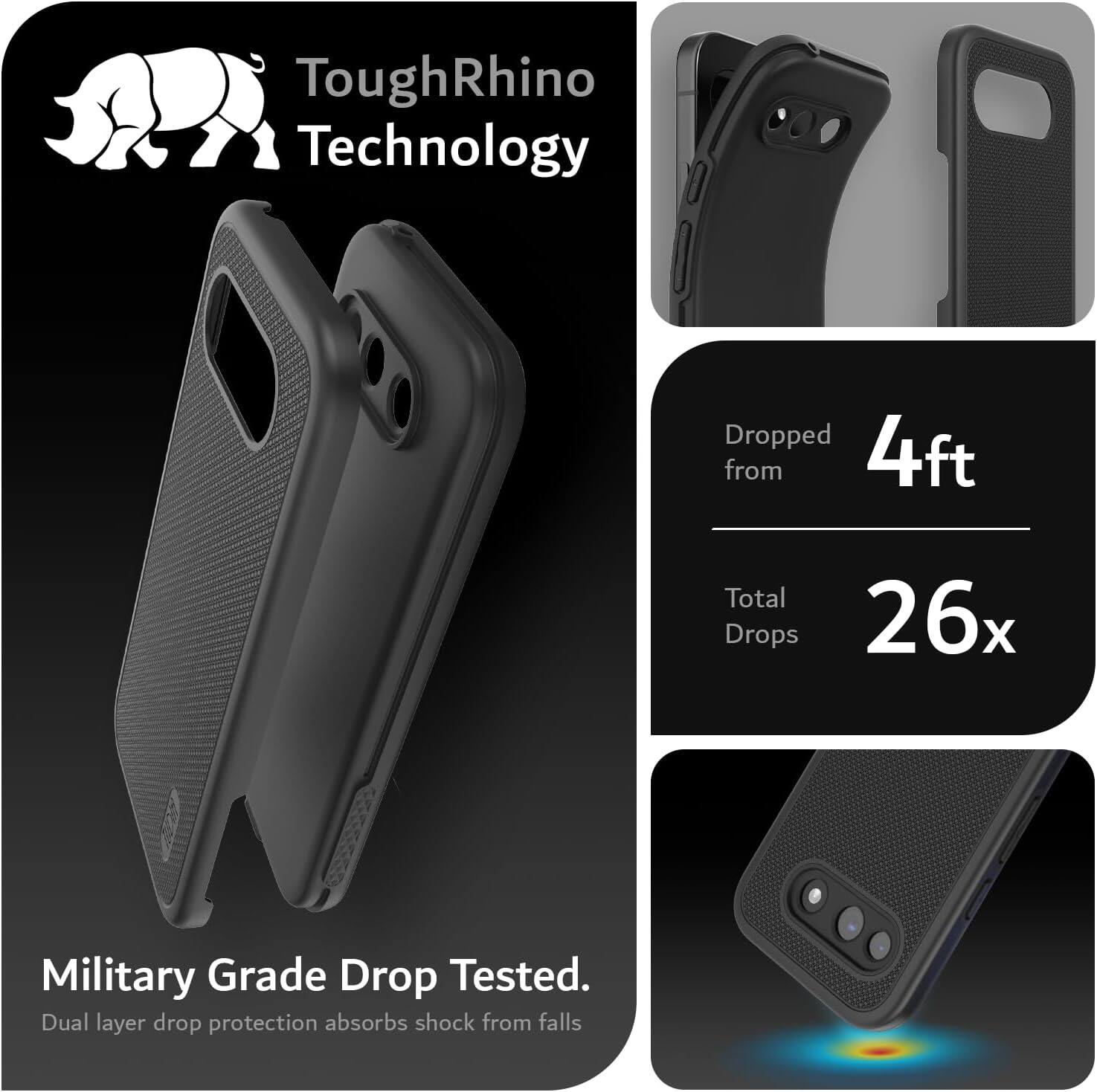 ToughRhino Technology

Dropped from 4ft  
Total Drops 26x

Military Grade Drop Tested.  
Dual layer drop protection absorbs shock from falls