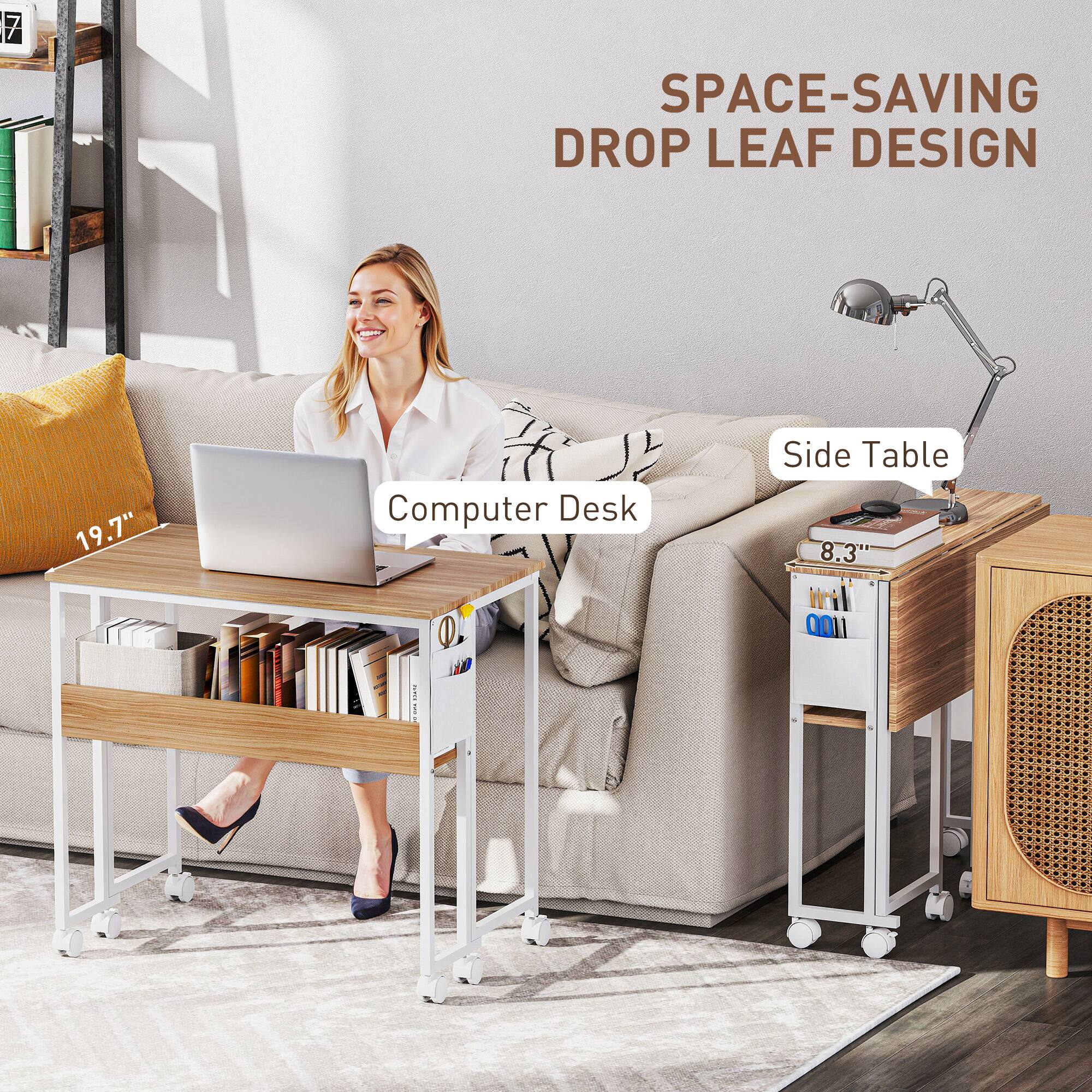SPACE-SAVING DROP LEAF DESIGN, Computer Desk 19.7", Side Table 8.3"