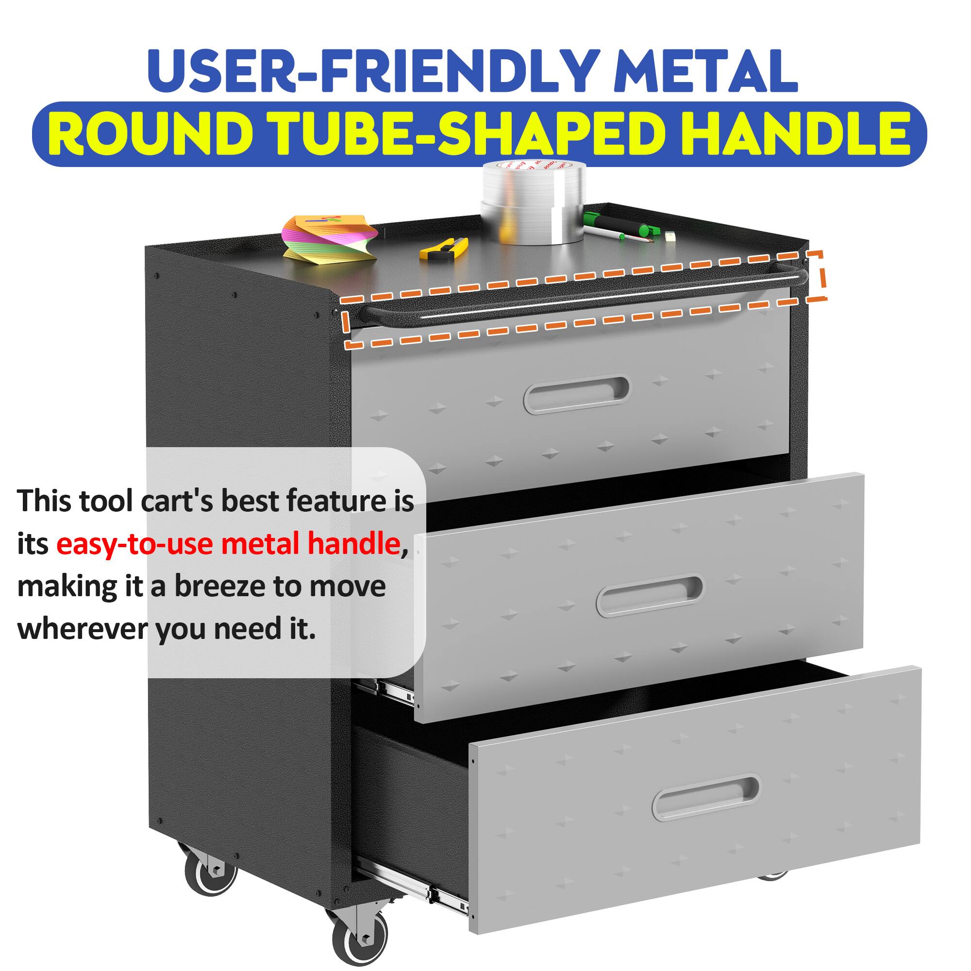 USER-FRIENDLY METAL ROUND TUBE-SHAPED HANDLE

This tool cart's best feature is its easy-to-use metal handle, making it a breeze to move wherever you need it.