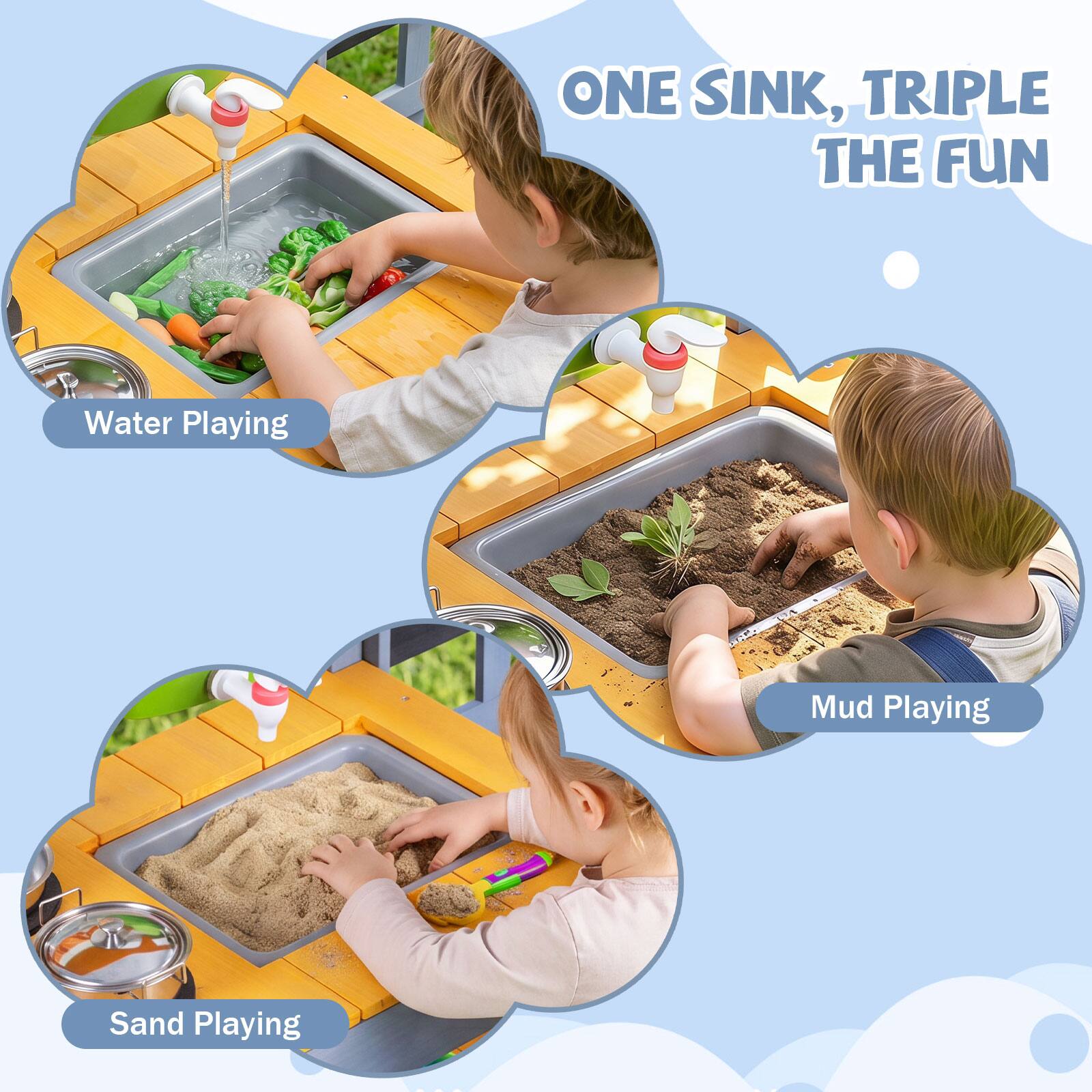 ONE SINK, TRIPLE THE FUN

Water Playing  
Mud Playing  
Sand Playing