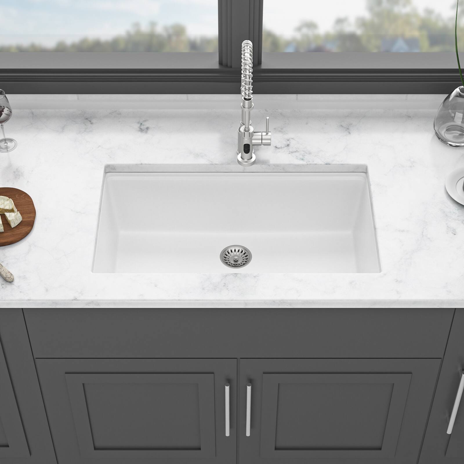 Back. Siljoy - Quartz Kitchen Sink - 30" x 19" x 9.65" White granite composite Workstation undermount kitchen sink - White.