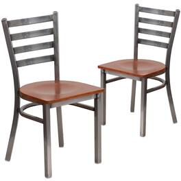 Emma + Oliver - 2 Pack Clear Coated Ladder Back Metal Restaurant Chair - Cherry Wood Seat/Clear Coated Metal Frame
