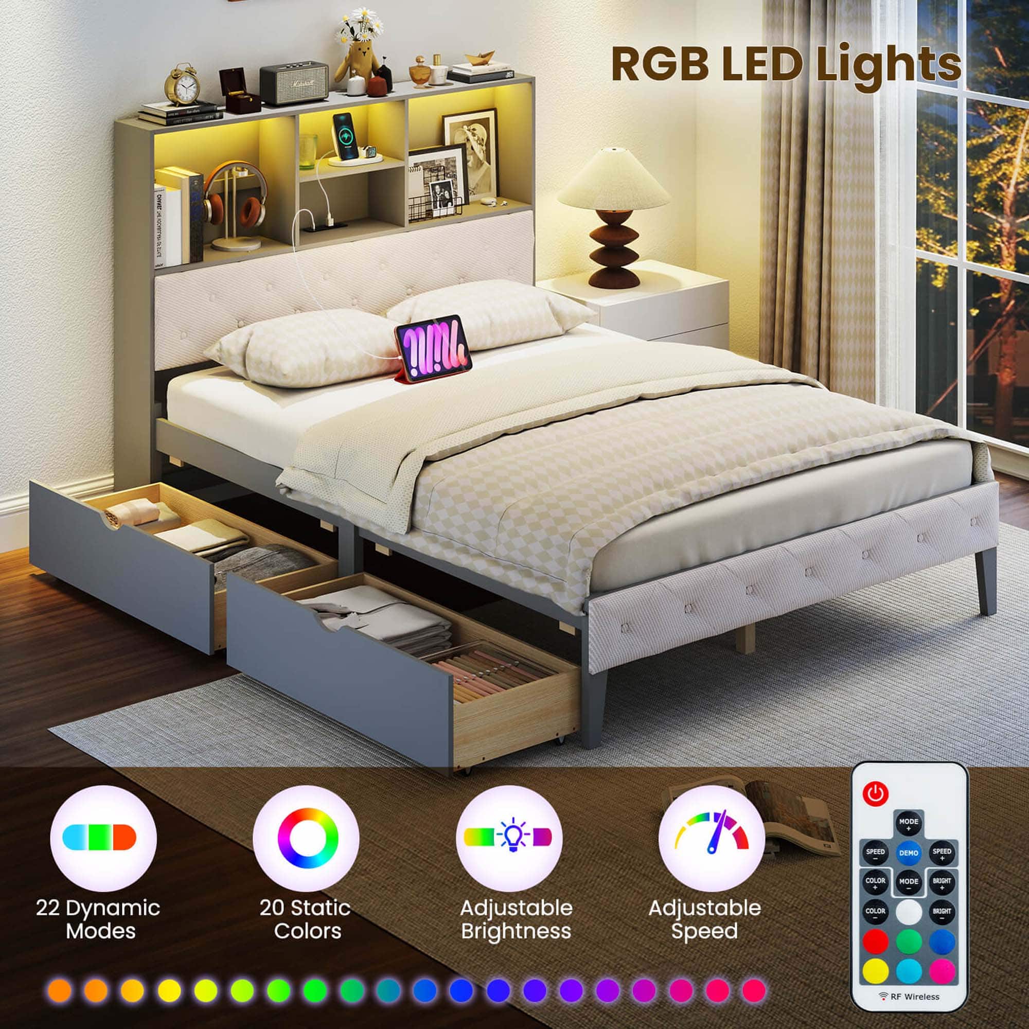 RGB LED Lights: 22 Dynamic Modes, 20 Static Colors, Adjustable Brightness, Adjustable Speed, Wireless Remote Control.