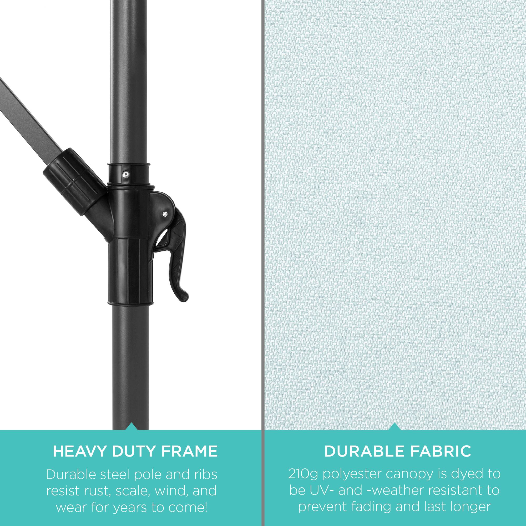 HEAVY DUTY FRAME  
Durable steel pole and ribs resist rust, scale, wind, and wear for years to come!

DURABLE FABRIC  
210g polyester canopy is dyed to be UV- and weather resistant to prevent fading and last longer