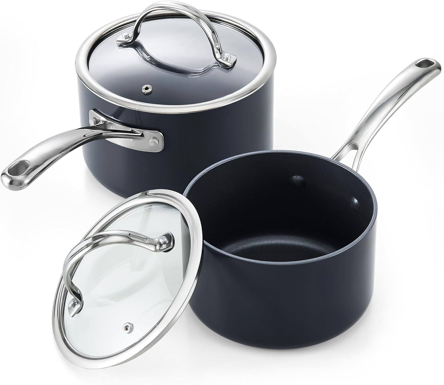 Front. Cooks Standard - 2qt+3qt Hard Anodized Nonstick Saucepan w/Glass Lid Heavy-duty Aluminum Small Soup Pot,Stay Cool Handle, Not Induction - black.