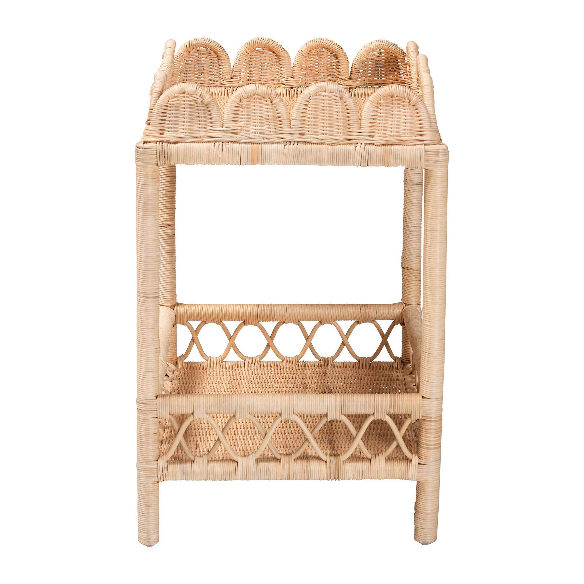 Left. bali & pari - bali & pari Eloisa Natural Rattan End Table - Handwoven Wicker 2-Tier Side Table with Scalloped Border - Natural Brown.