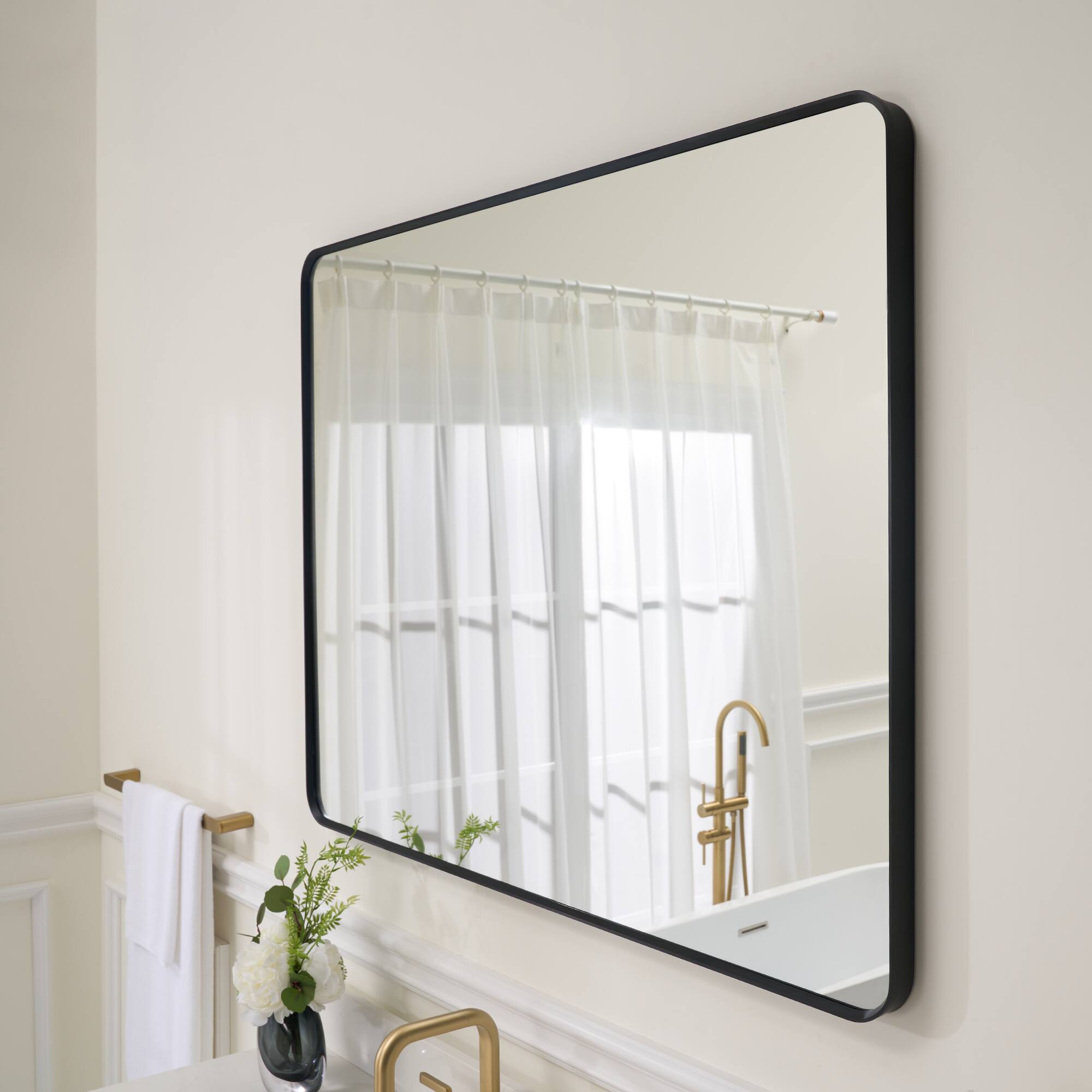 Left. WELLFOR - 48 in. W x 36 in. H Rectangular Aluminum Framed Wall-Mounted Bathroom Vanity Mirror - Matte Black.