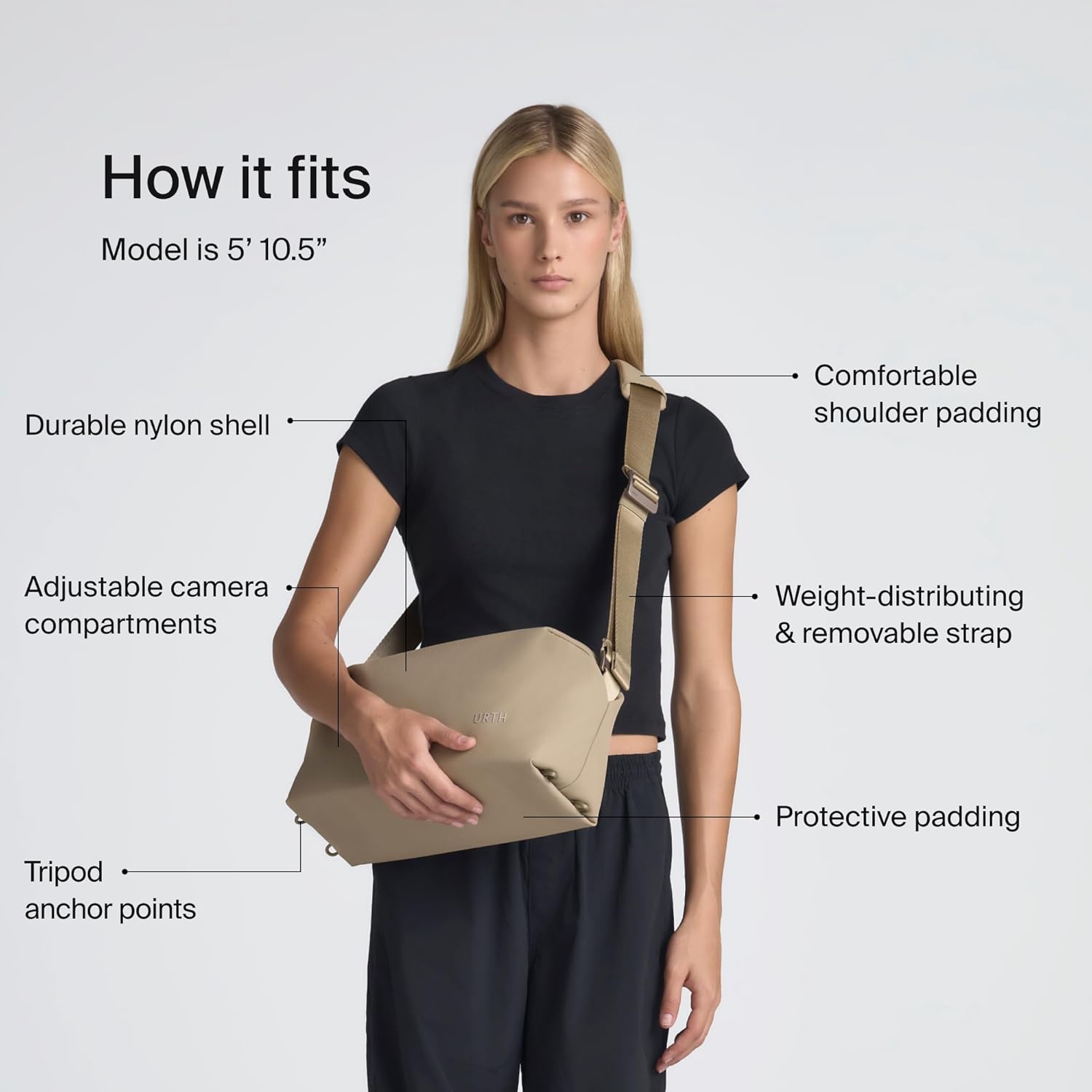 How it fits  
Model is 5' 10.5"  

- Durable nylon shell  
- Adjustable camera compartments  
- Tripod anchor points  
- Comfortable shoulder padding  
- Weight-distributing & removable strap  
- Protective padding