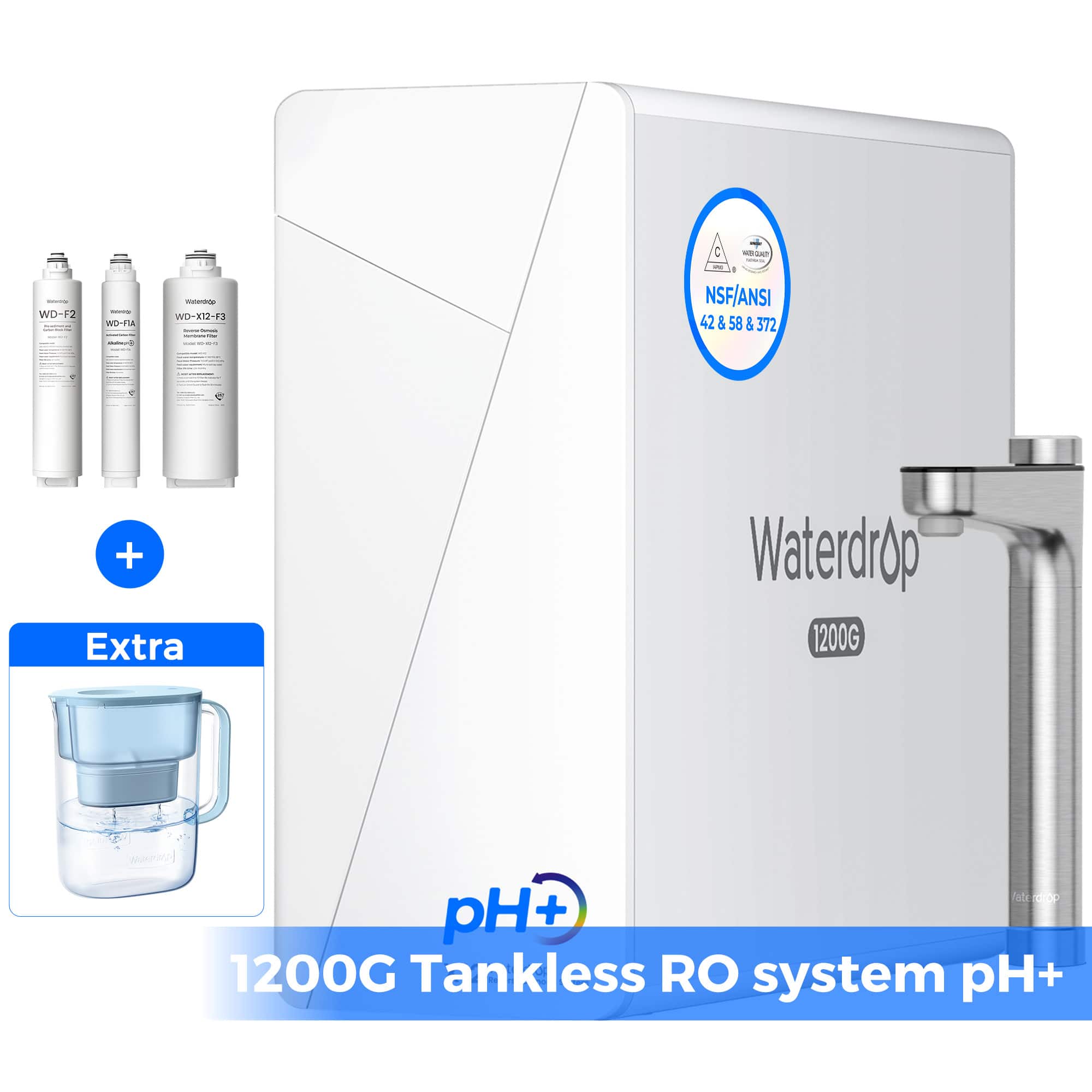 WD - WOTIA - WD-X12-F3  
NSF/ANSI 42 & 58 & 372  
Extra Waterdrop  
1200G Tankless RO system pH+