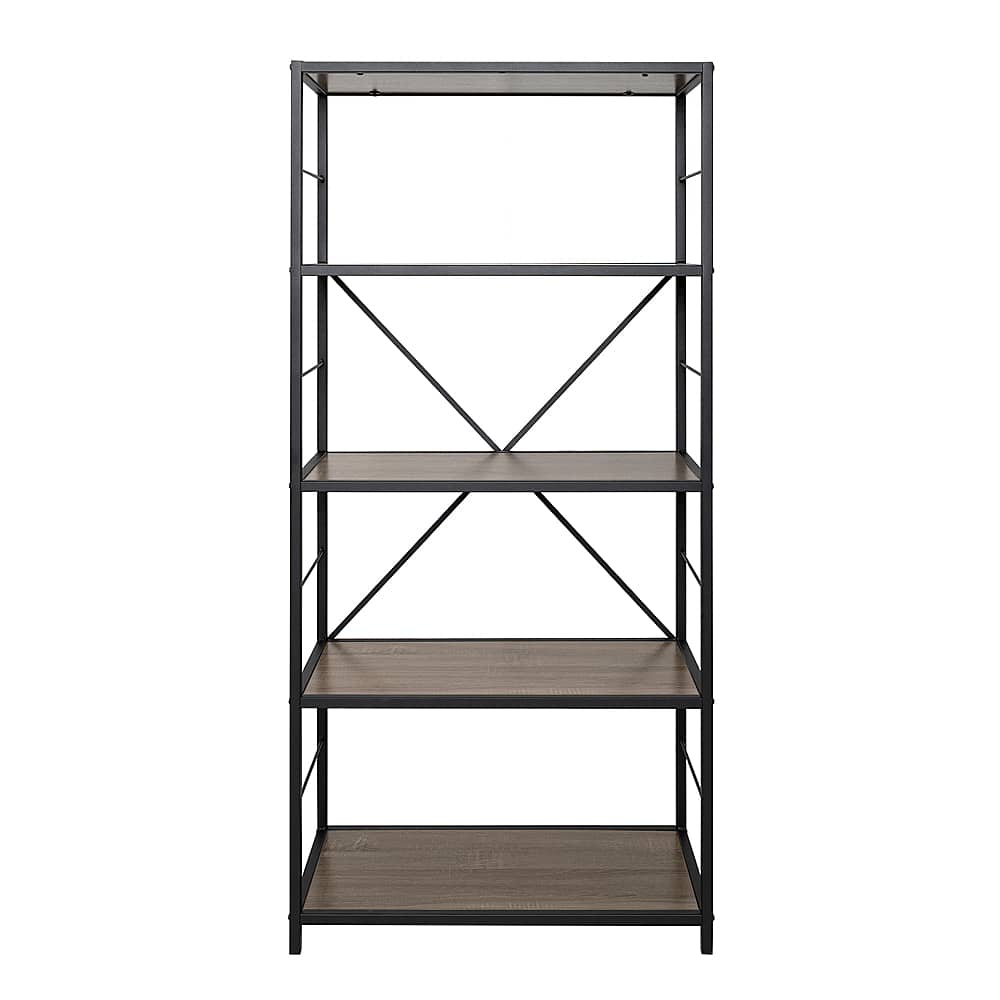Front. Walker Edison - Rustic Industrial Metal and Wood 5-Shelf Bookcase - Driftwood.
