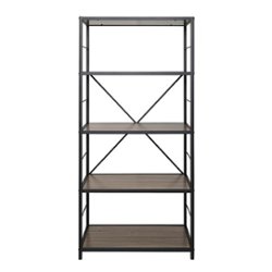 Walker Edison - Rustic Industrial Metal and Wood 5-Shelf Bookcase - Driftwood - Front_Zoom