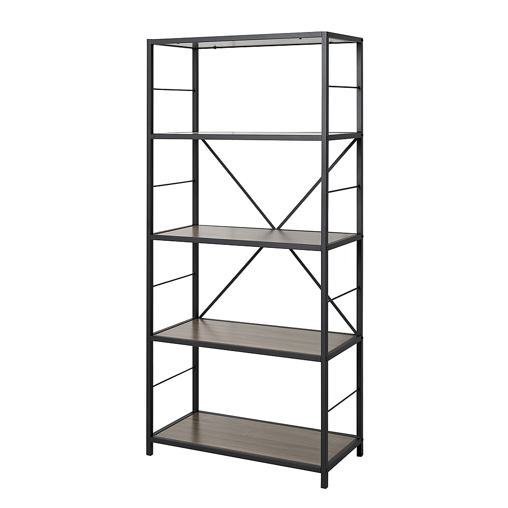 Left View: Walker Edison - Rustic Industrial Metal and Wood 5-Shelf Bookcase - Driftwood