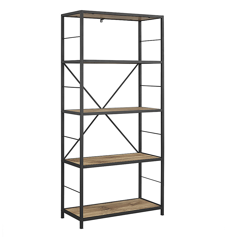 Angle View: Walker Edison - Rustic Industrial Metal and Wood 5-Shelf Bookcase - Barnwood