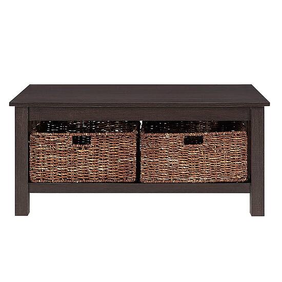 Walker Edison Coffee Table with wicker storage baskets Espresso