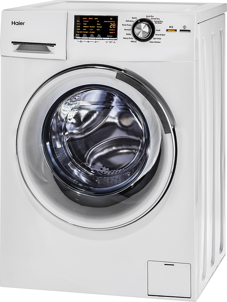 Left View: Haier - 2 Cu. Ft. 8-Cycle Compact Washer and 3-Cycle Electric Dryer Combo - White