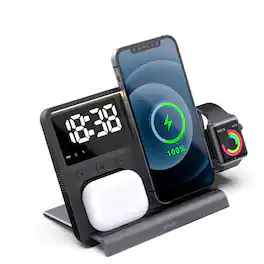 RISOKEYS - Ultra-Thin 5-in-1 Wireless Charger - Multi-Function Clock Wireless Charger Stand, Magnetic Touch Night Light Charger - Black