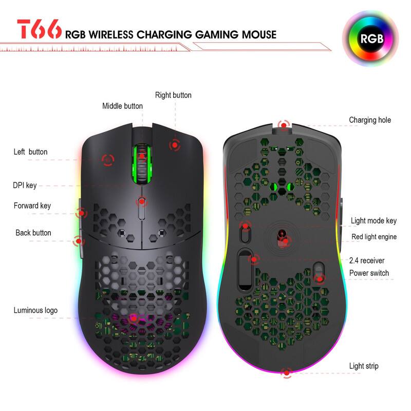 T66 RGB Wireless Charging Gaming Mouse

- Middle button
- Right button
- Left button
- DPI key
- Forward key
- Back button
- Light mode key
- Red light engine
- 2.4 receiver
- Power switch
- Luminous logo
- Light strip
- Charging hole