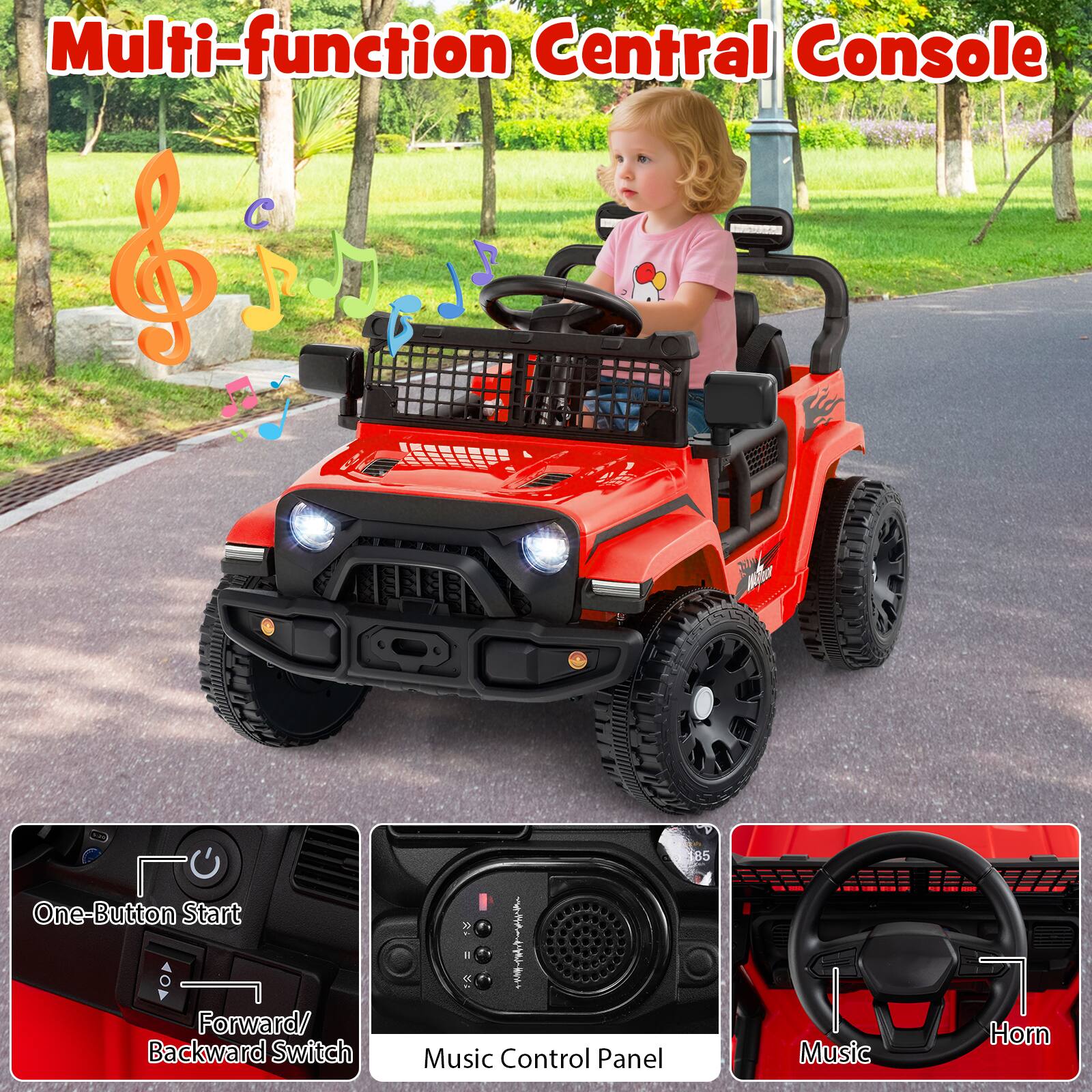 Multi-function Central Console

- One-Button Start
- Forward/Backward Switch
- Music Control Panel
- Music
- Horn