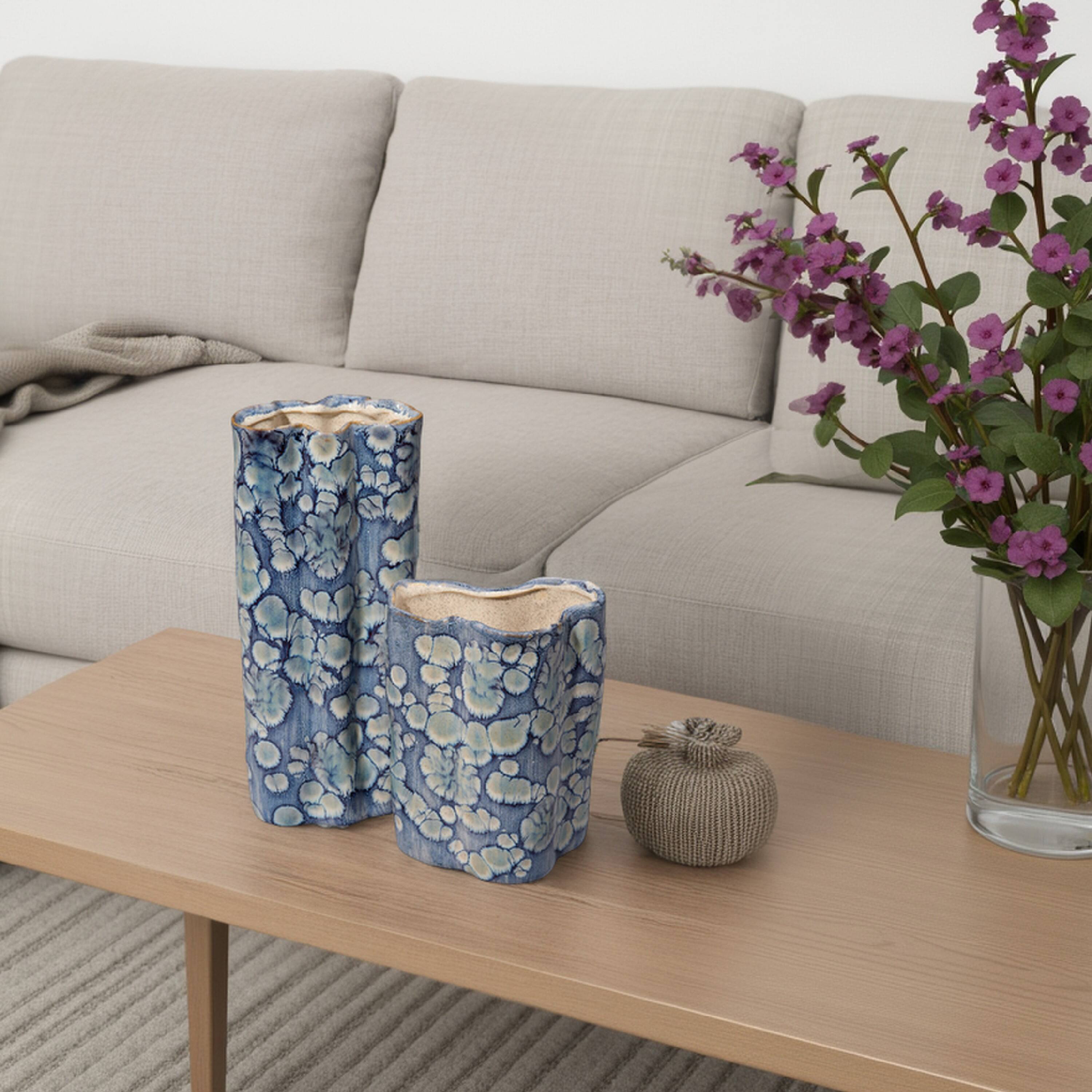 Alt View 2. Manhattan Lane - Gipo Decorative Flower Vase Set of 2, Ruffled Body,   Ceramic - Blue, White.