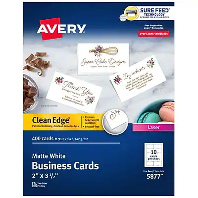 Sure Feed Technology
Avery
www.avery.com/templates
Clean Edge
Patented technology for crisp, clean edges
Heavyweight cardstock
400 cards
91 lb cover, 247 g/m²
Matte White Business Cards
2" x 3 1/2"
10 cards per sheet
Use Avery Template 5877
Sapor Cake Designs
Thank You
Ingredients
Laser
Patented technology for crisp, clean edges
Heavyweight cardstock
400 cards
91 lb cover, 247 g/m²
Matte White Business Cards
2" x 3 1/2"
10 cards per sheet
Use Avery Template 5877