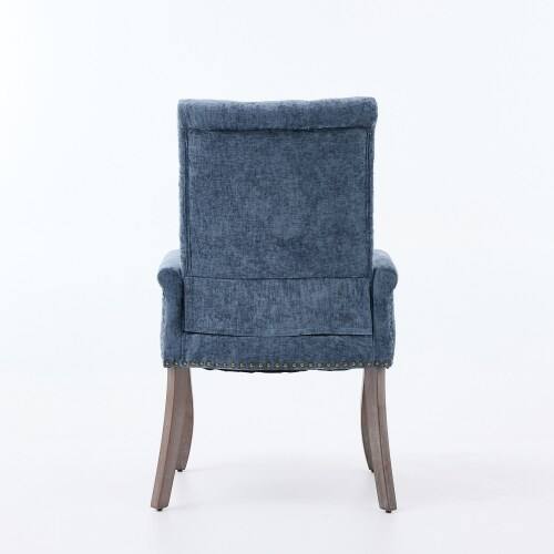 Left. LUCKY ONE - Assembled Tufted Chenille Arm Dining Chair with Curved Solid Wood Legs Club Style Single - Blue.