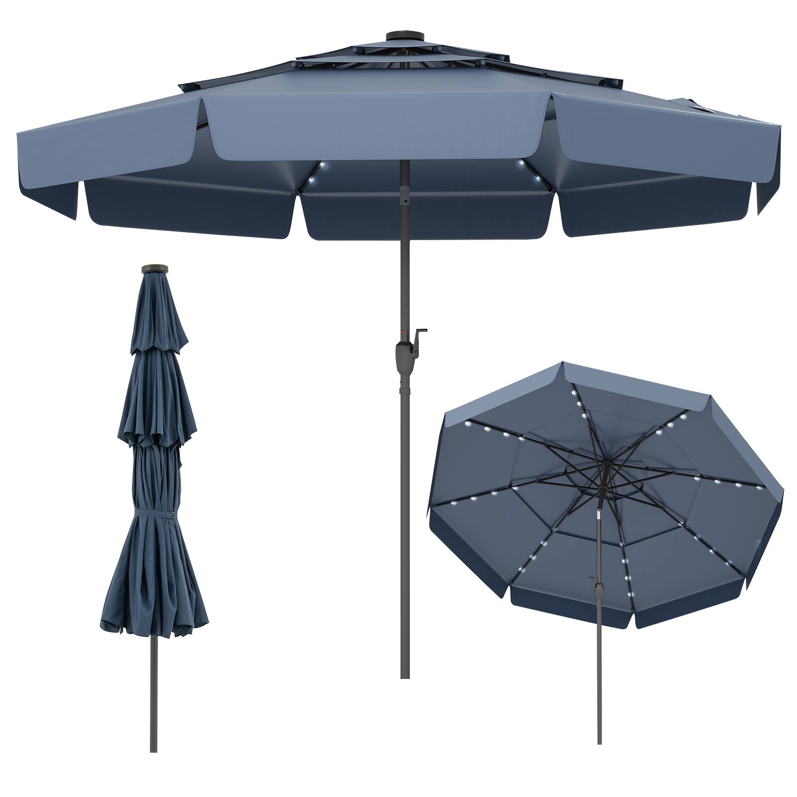 Gymax - 10 FT Solar Patio Umbrella w/ 32 LED Lights 3-Tier Vented Top & Tilt Adjustment - Navy