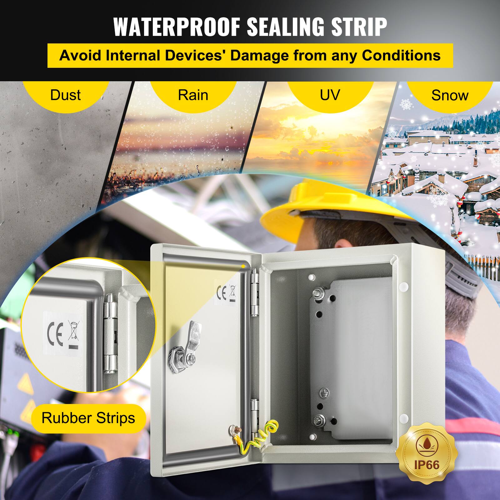 WATERPROOF SEALING STRIP  
Avoid Internal Devices' Damage from any Conditions  
Dust  
Rain  
UV  
Snow  
CE  
Rubber Strips  
IP66