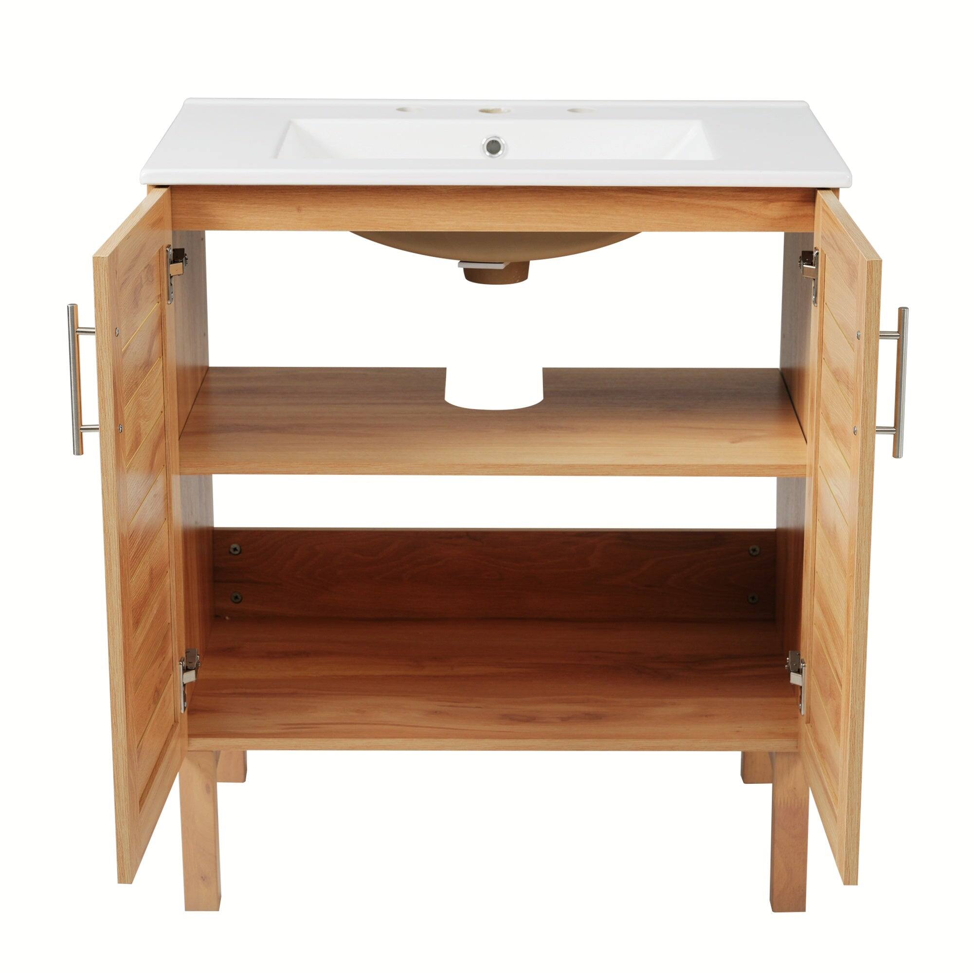 Alt View 8. Boyel Living - 30 Inch Antique Bathroom Vanity with Ceramic Sink Mid Century Cabinet 2 Doors Large Storage Brown - NaturalBrown.