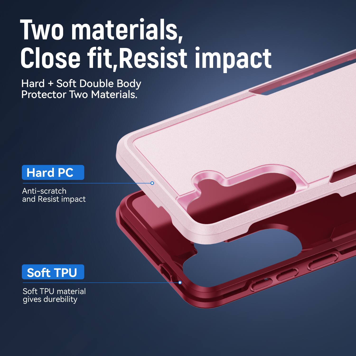 Two materials, Close fit, Resist impact  
Hard + Soft Double Body Protector Two Materials.  

Hard PC  
Anti-scratch and Resist impact  

Soft TPU  
Soft TPU material gives durability