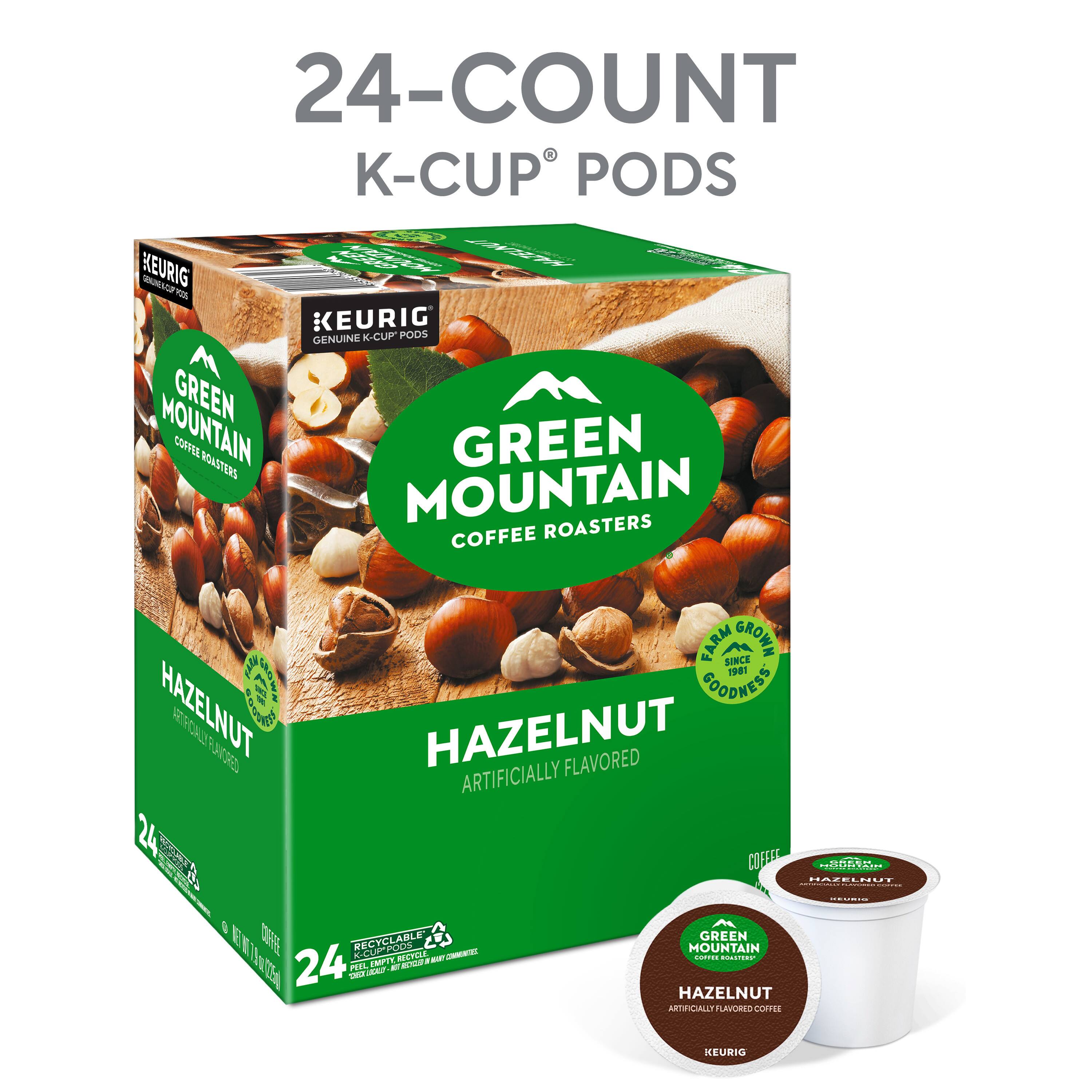 24-COUNT K-CUP PODS  
KEURIG  
GENUINE K-CUP PODS  
GREEN MOUNTAIN COFFEE ROASTERS  
GREEN MOUNTAIN COFFEE ROASTERS  
HAZELNUT  
ARTIFICIALLY FLAVORED  
24 PER BOX  
RECYCLABLE  
KEURIG