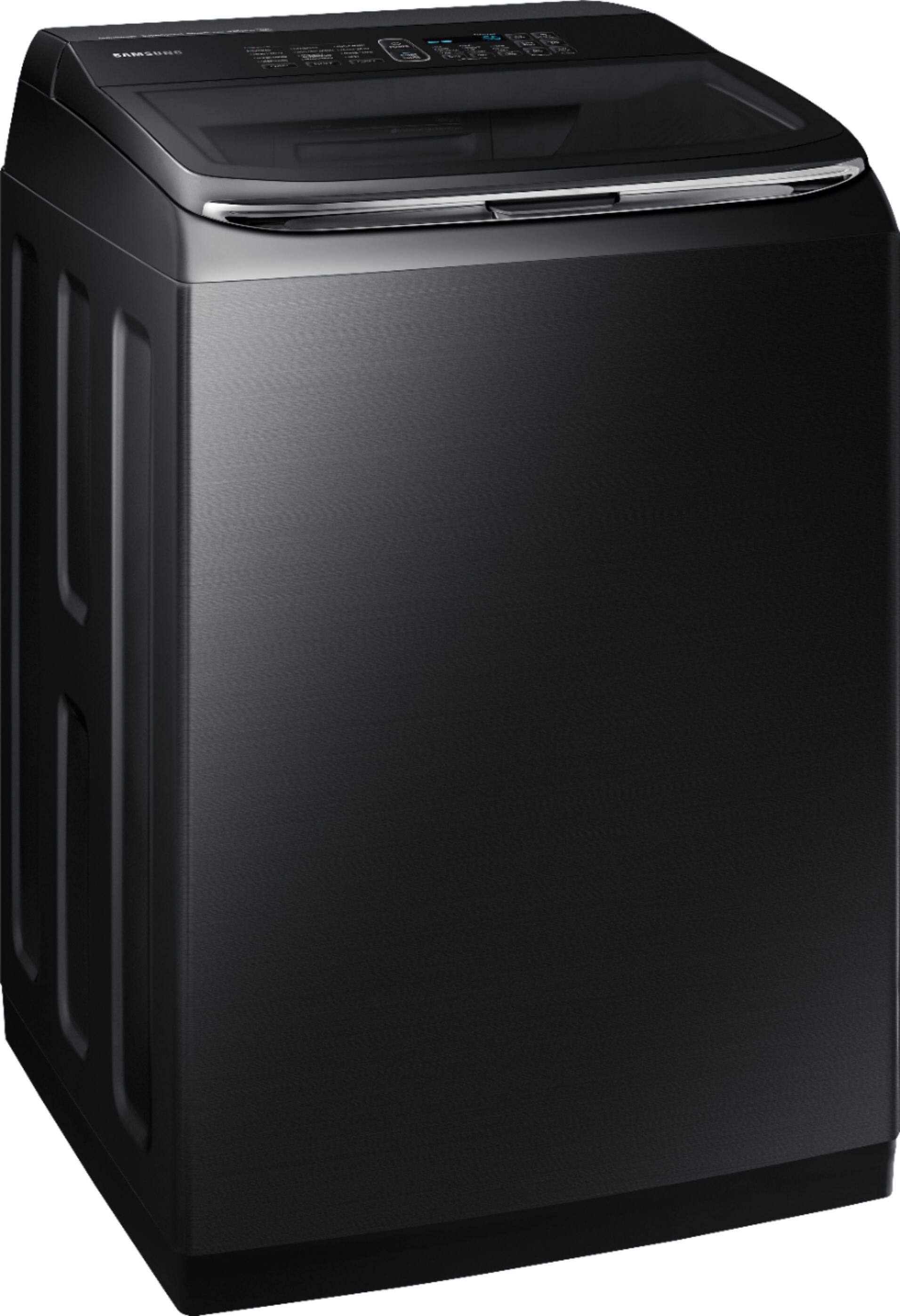 Angle View: Samsung - 5.2 Cu. Ft. High Efficiency Top Load Washer with Activewash - Fingerprint Resistant Black Stainless Steel