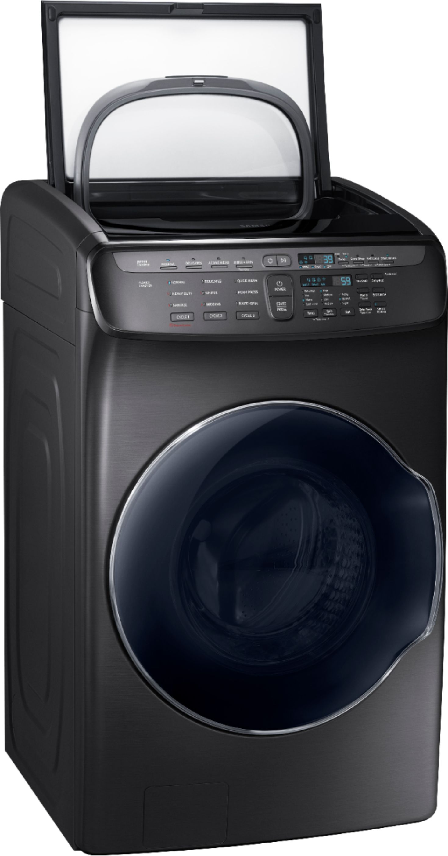 Angle View: Samsung - 5.5 Cu. Ft. High Efficiency Front Load Washer with Steam and FlexWash - Black stainless steel