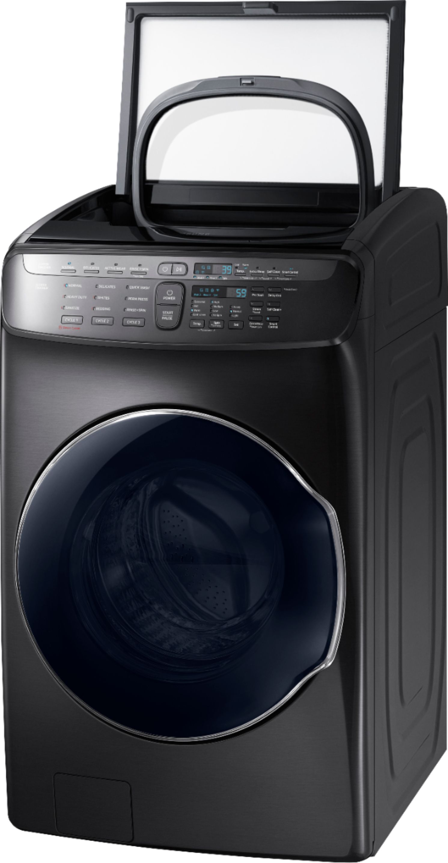 Left View: Samsung - 5.5 Cu. Ft. High Efficiency Front Load Washer with Steam and FlexWash - Black stainless steel