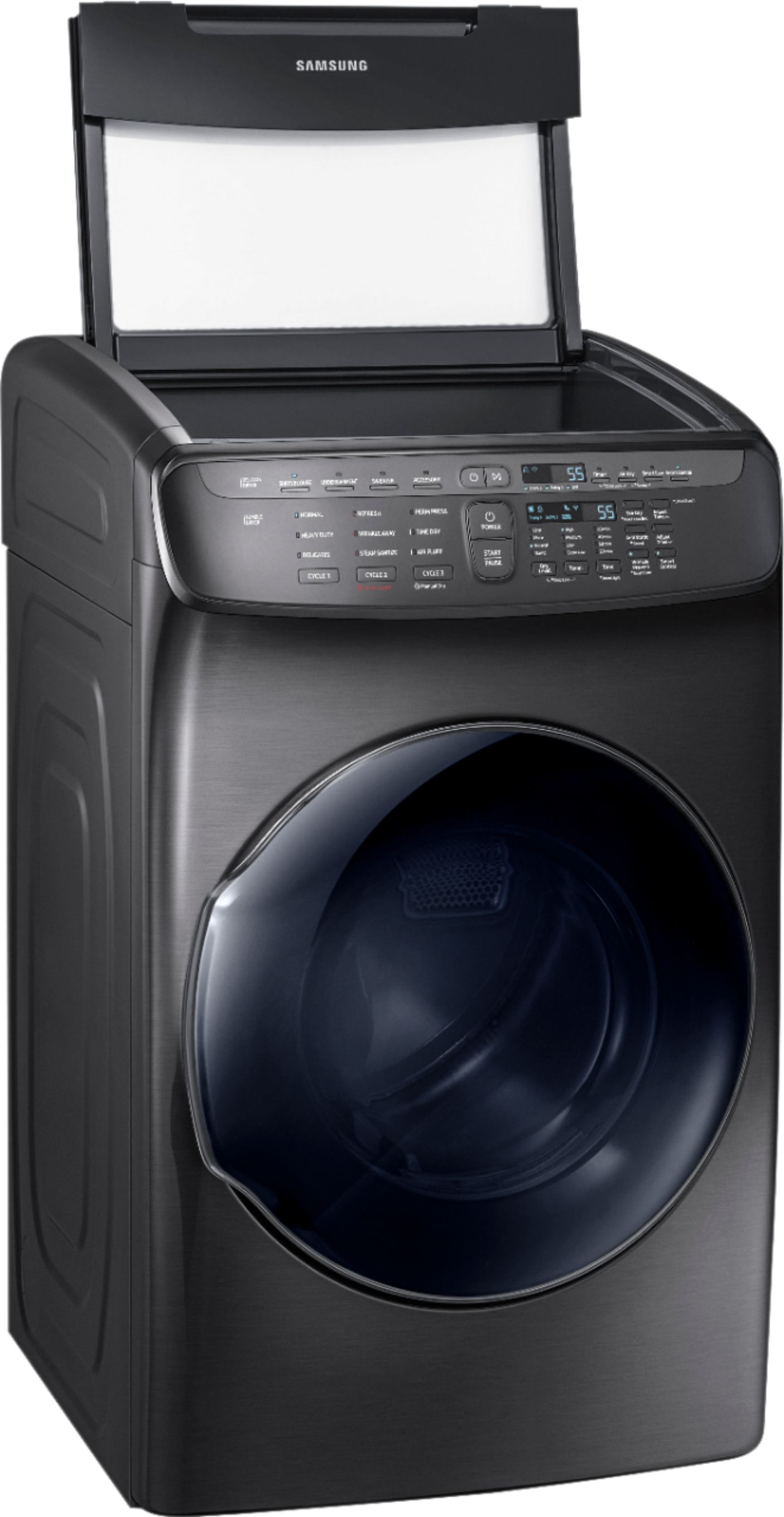 Angle View: Samsung - 7.5 Cu. Ft. Gas Dryer with Steam and FlexDry - Fingerprint Resistant Black Stainless Steel