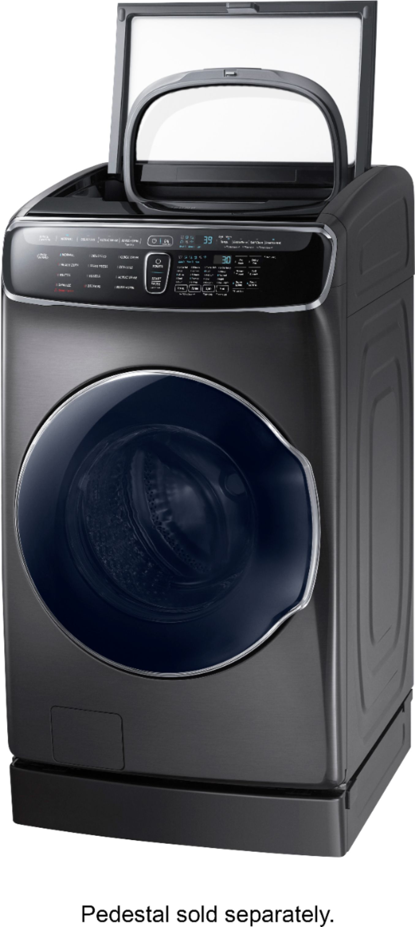 Left View: Samsung - 6.0 Cu. Ft. High-Efficiency Smart Front Load Washer with Steam and FlexWash - Black stainless steel