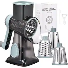 PARKER SLATER - Rotary Cheese Grater with Handle, Kitchen Shredder and Slicer with 4 Interchangeable Blades for Vegetables, Nuts - GreyBlue