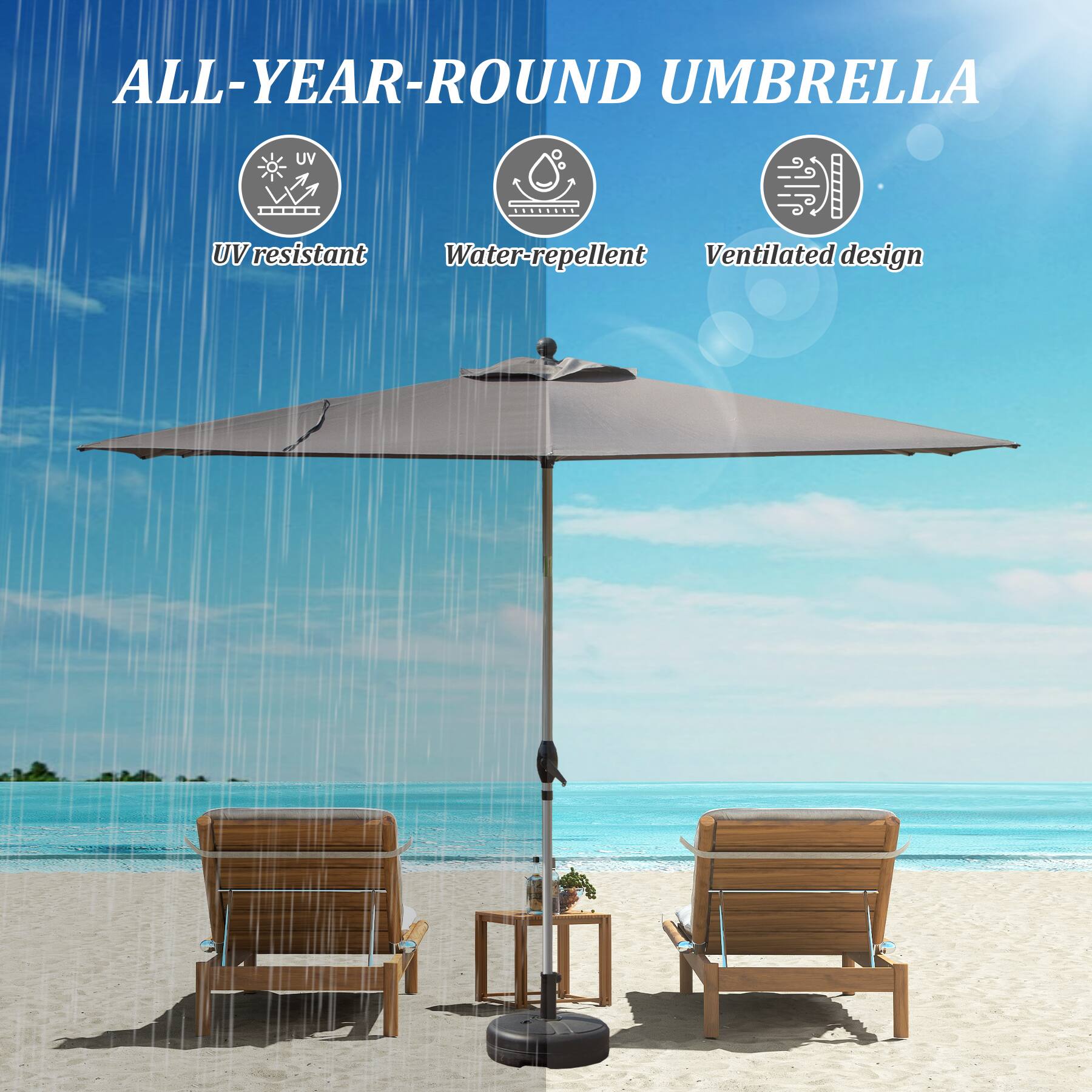 ALL-YEAR-ROUND UMBRELLA

- UV resistant
- Water-repellent
- Ventilated design