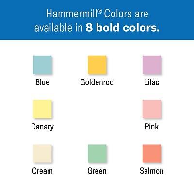 Hammermill® Colors are available in 8 bold colors.

- Blue
- Goldenrod
- Lilac
- Canary
- Pink
- Cream
- Green
- Salmon