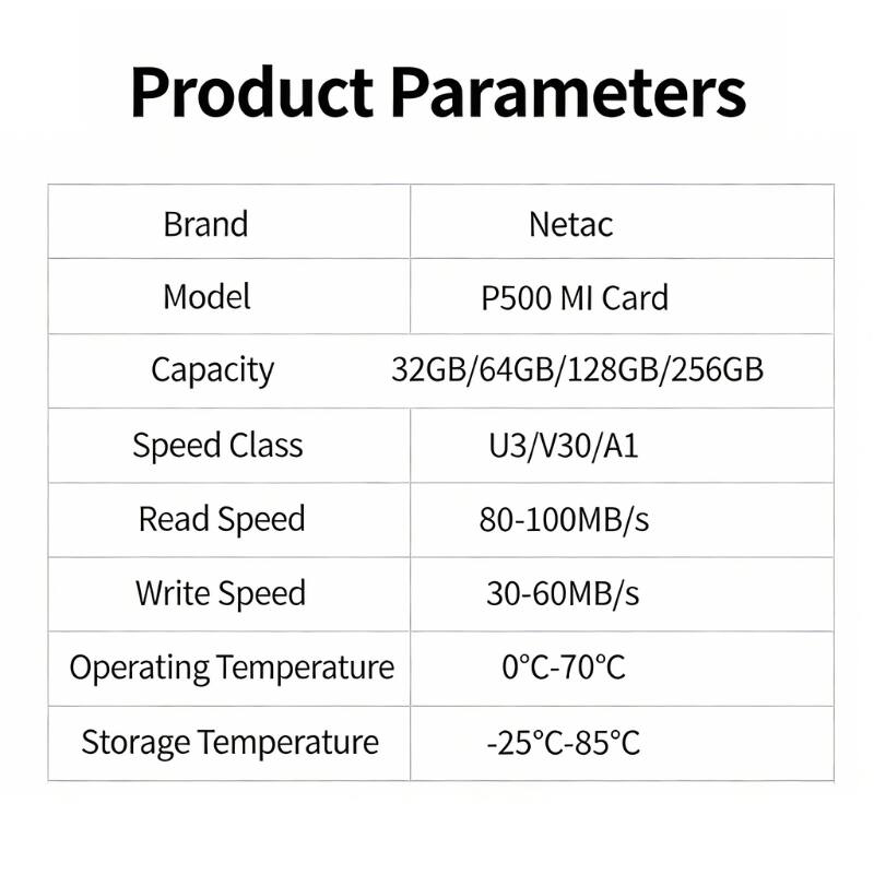 Product Parameters

Brand: Netac  
Model: P500 MI Card  
Capacity: 32GB/64GB/128GB/256GB  
Speed Class: U3/V30/A1  
Read Speed: 80-100MB/s  
Write Speed: 30-60MB/s  
Operating Temperature: 0°C-70°C  
Storage Temperature: -25°C-85°C