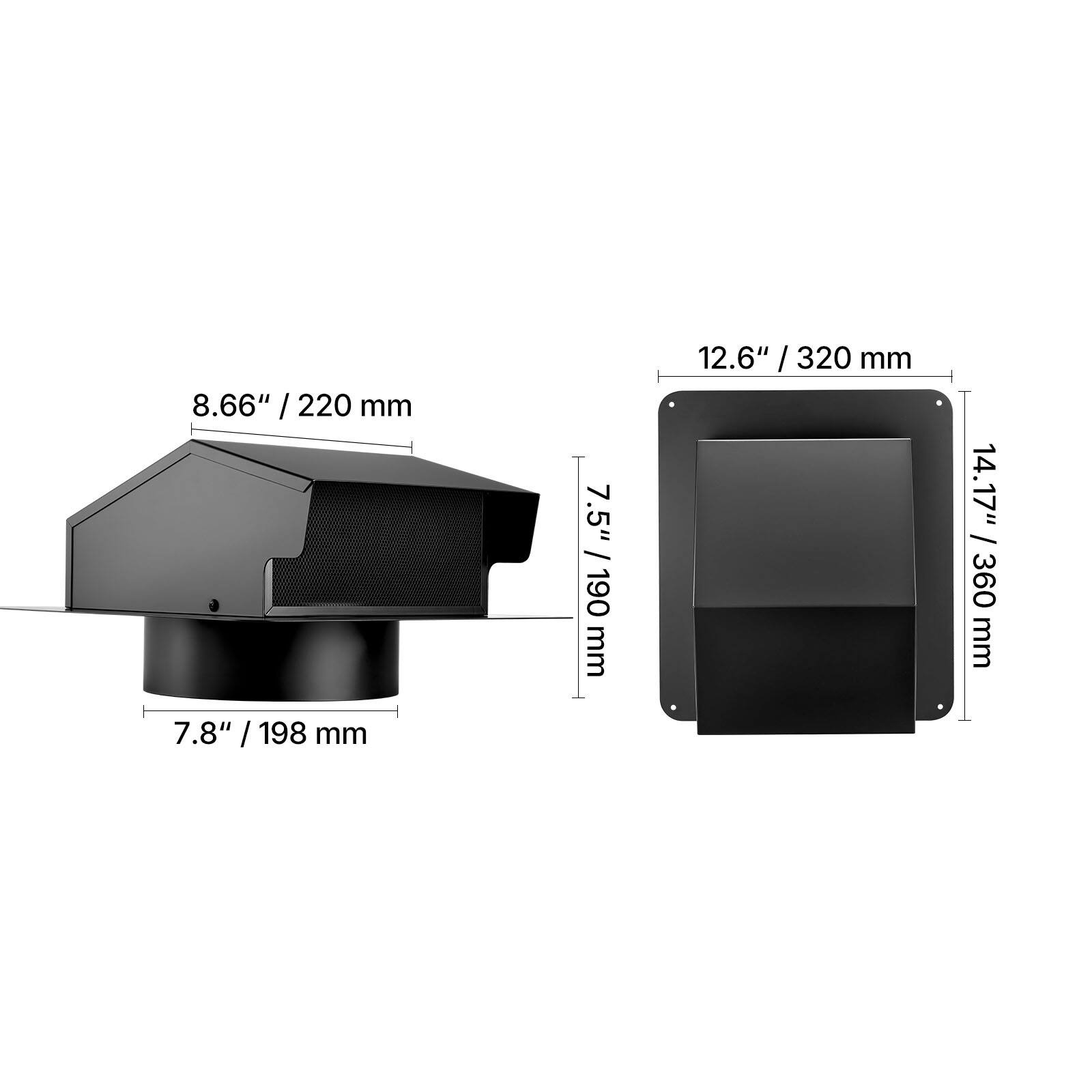 8.66" / 220 mm  
7.5" / 190 mm  
7.8" / 198 mm  
12.6" / 320 mm  
14.17" / 360 mm