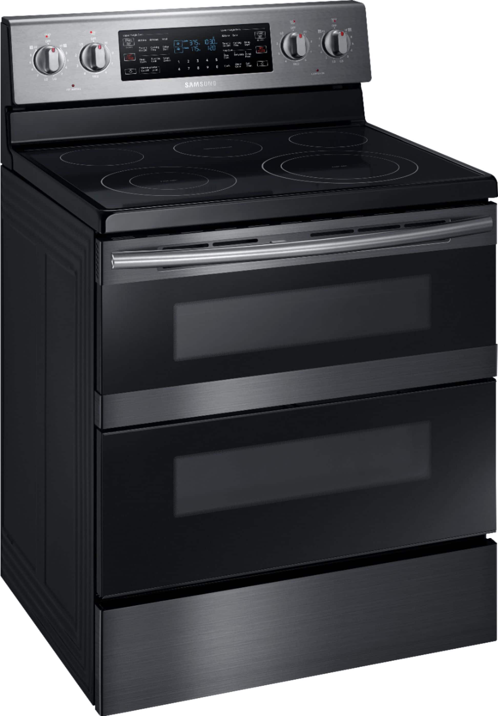 Angle. Samsung - 5.9 cu. ft. Flex Duo™ Freestanding Fingerprint Resistant Electric Range - Black Stainless Steel.
