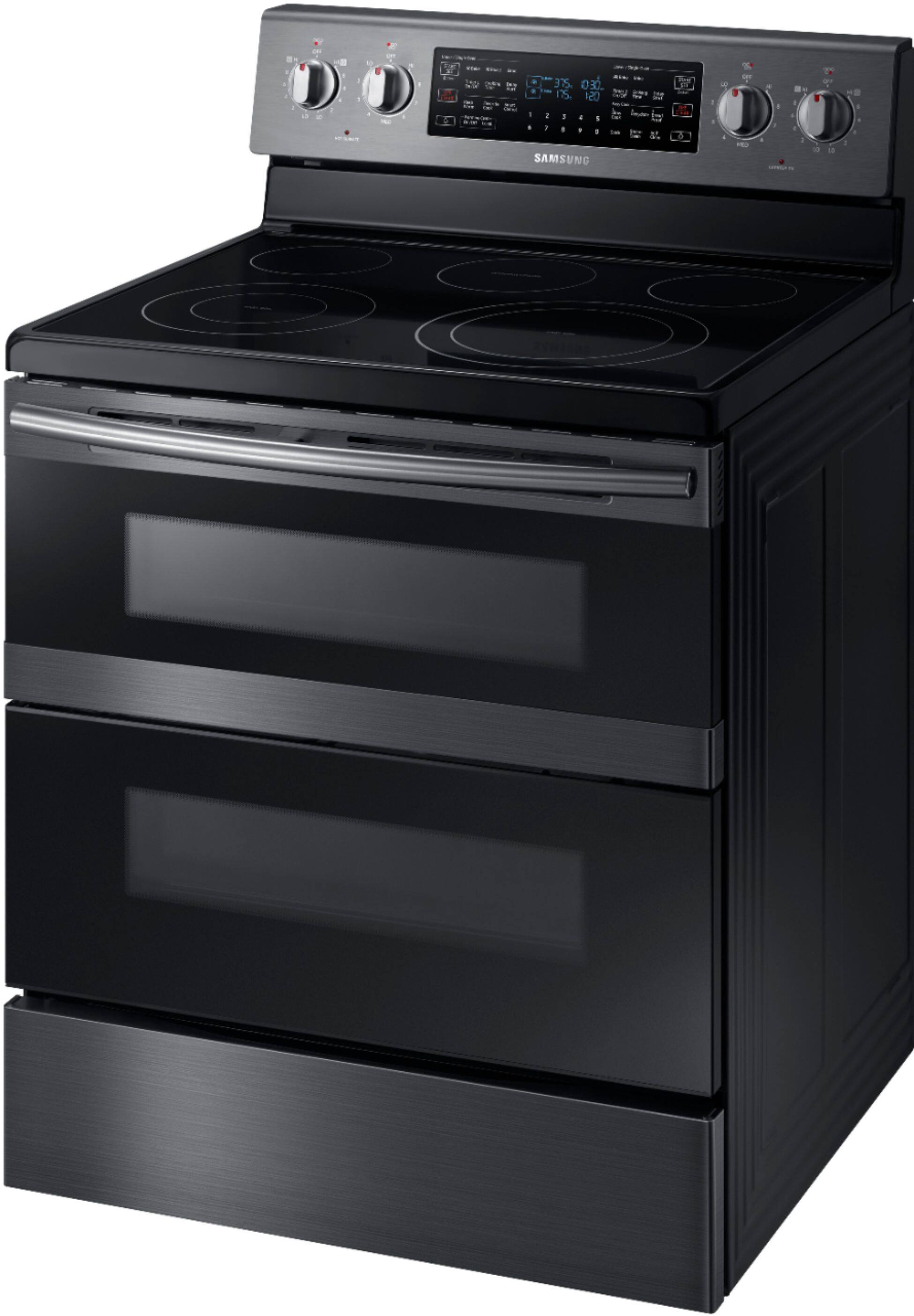 Left. Samsung - 5.9 cu. ft. Flex Duo™ Freestanding Fingerprint Resistant Electric Range - Black Stainless Steel.