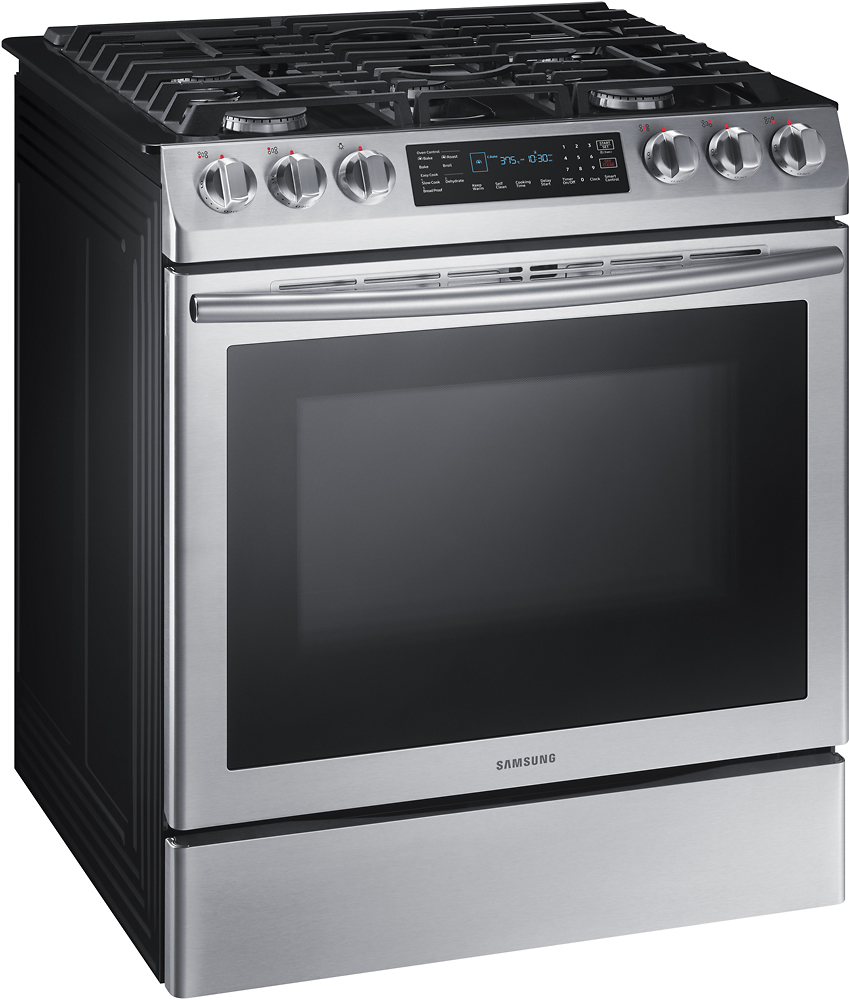 Angle View: Samsung - 5.8 cu. ft. Self-Cleaning Slide-in Gas Convection Range - Stainless steel