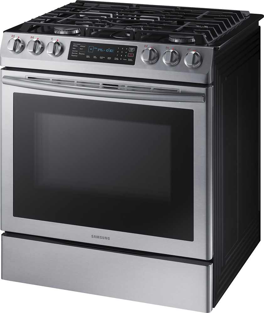 Left View: Samsung - 5.8 cu. ft. Self-Cleaning Slide-in Gas Convection Range - Stainless steel