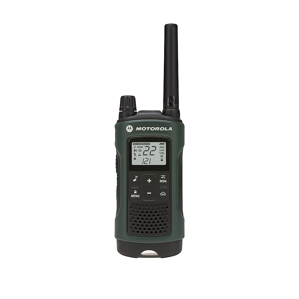 Left View: Motorola - Solutions TALKABOUT T465 Two Way Radio - 2 Pack - Dark Green