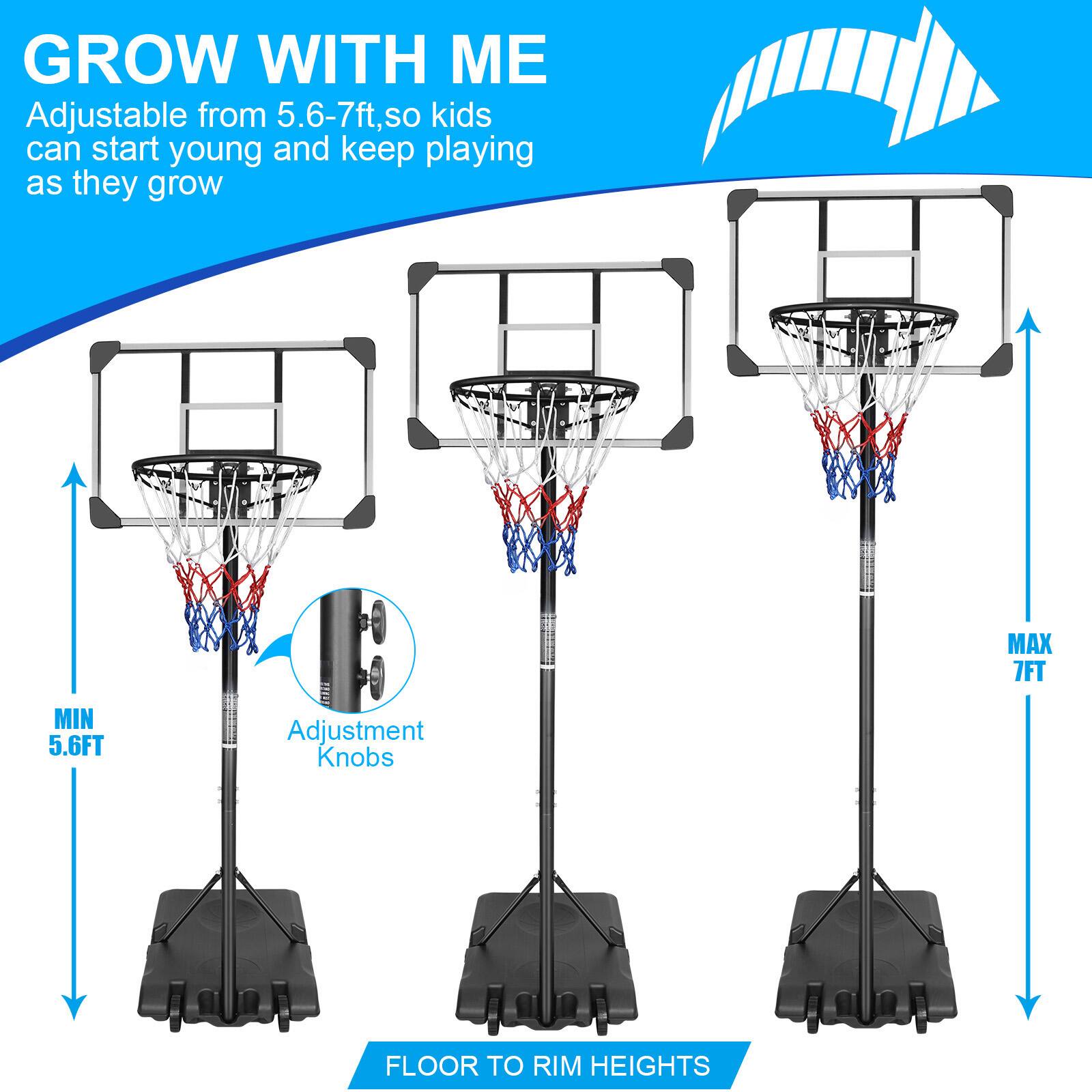 GROW WITH ME  
Adjustable from 5.6-7ft, so kids can start young and keep playing as they grow  

MAX 7FT  
MIN 5.6FT  

Adjustment Knobs  

FLOOR TO RIM HEIGHTS