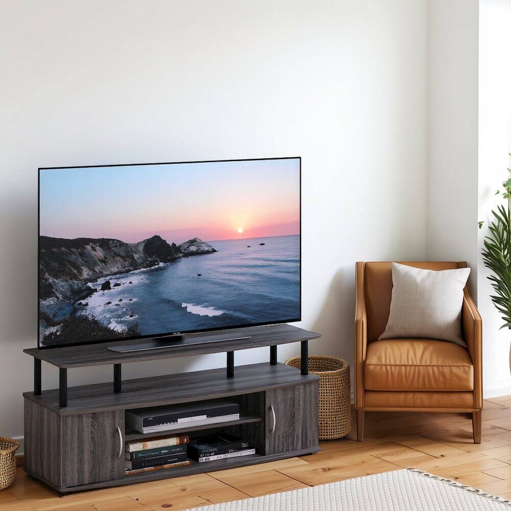 Angle. FurniFact - Grey 50 Inch TV Stand,Three Open Shelves and Two-Door Storage Modern TV Console - French Oak Grey/Black.