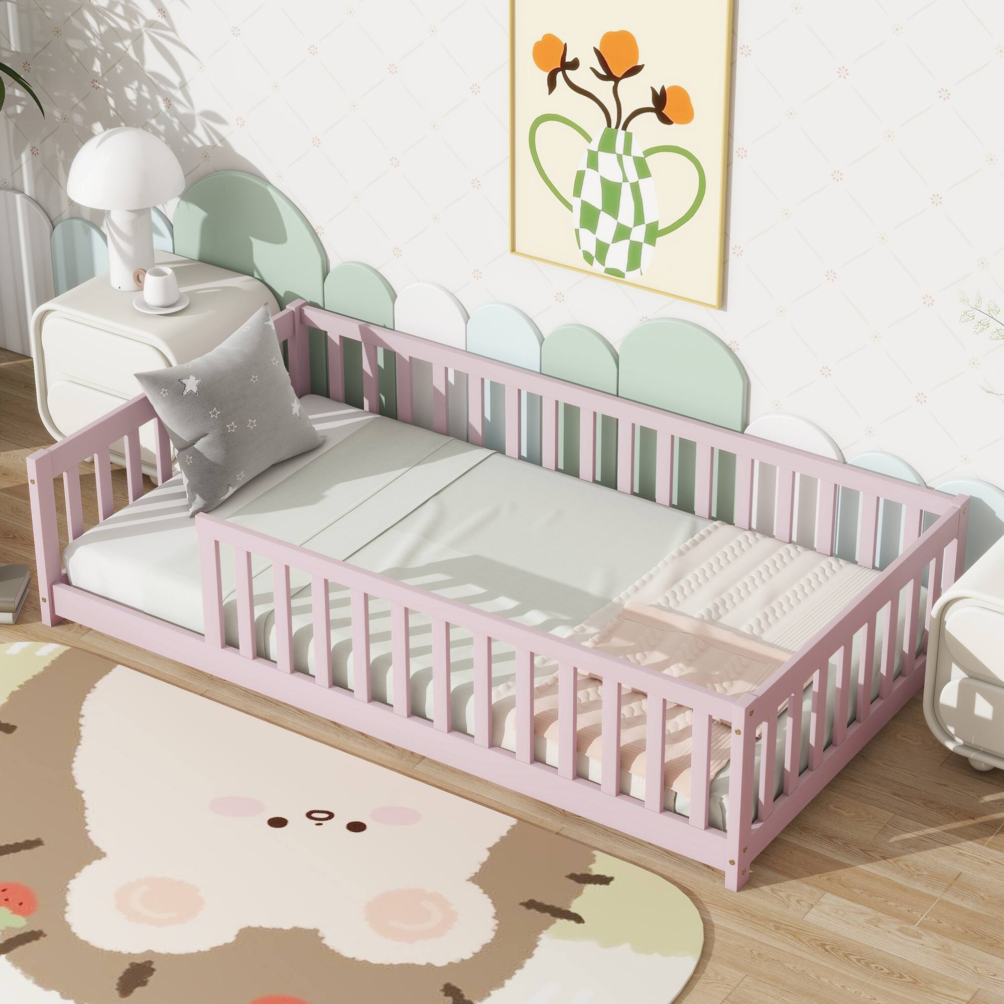 Angle. GOODSILO - Twin Size Low-Profile Youth Bed with Secure Enclosure Frame, Solid Wood Construction, Neutral Finish - Pink.